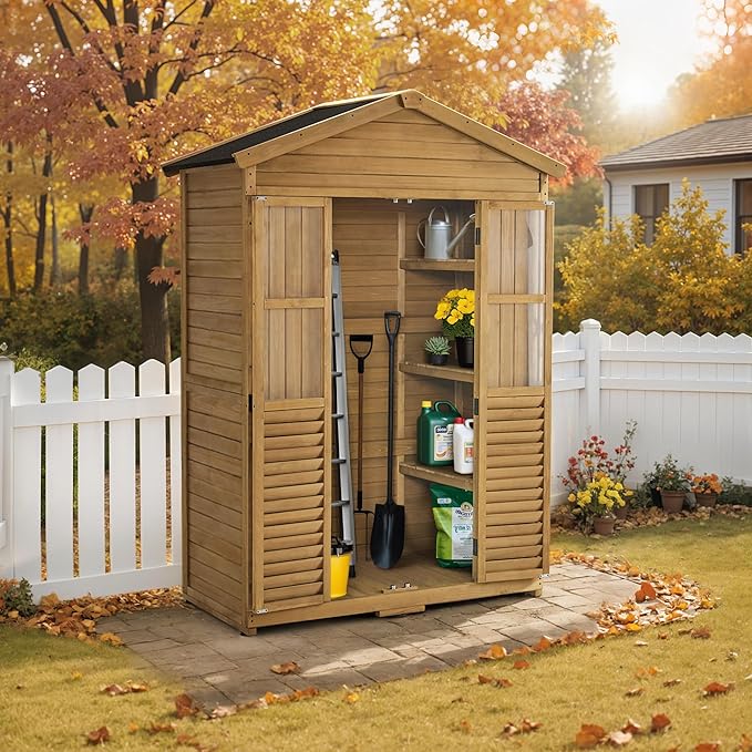 Macrout Outdoor Storage Cabinet, 78 Inches Outside Storage Shed with 6 Shelves, Wooden Garden Shed with Lockable Door for Yard Patio Lawn, 1743