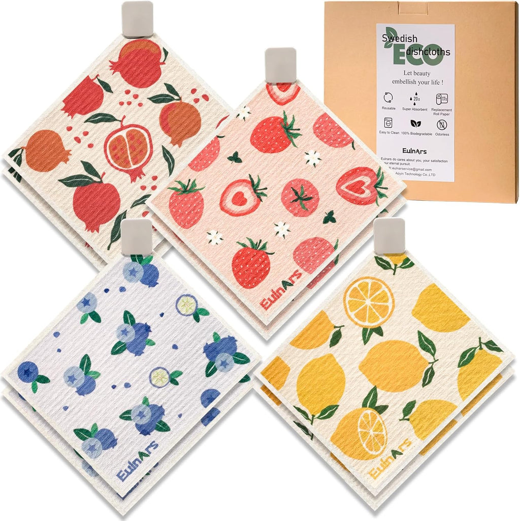 Swedish Dishcloths for Kitchen, 8 Pack Reusable Paper Towels with Clips, Non-Scratch Swedish Dish Towels, Super Absorbent Cellulose Sponge Cloths, Eco Friendly Gifts