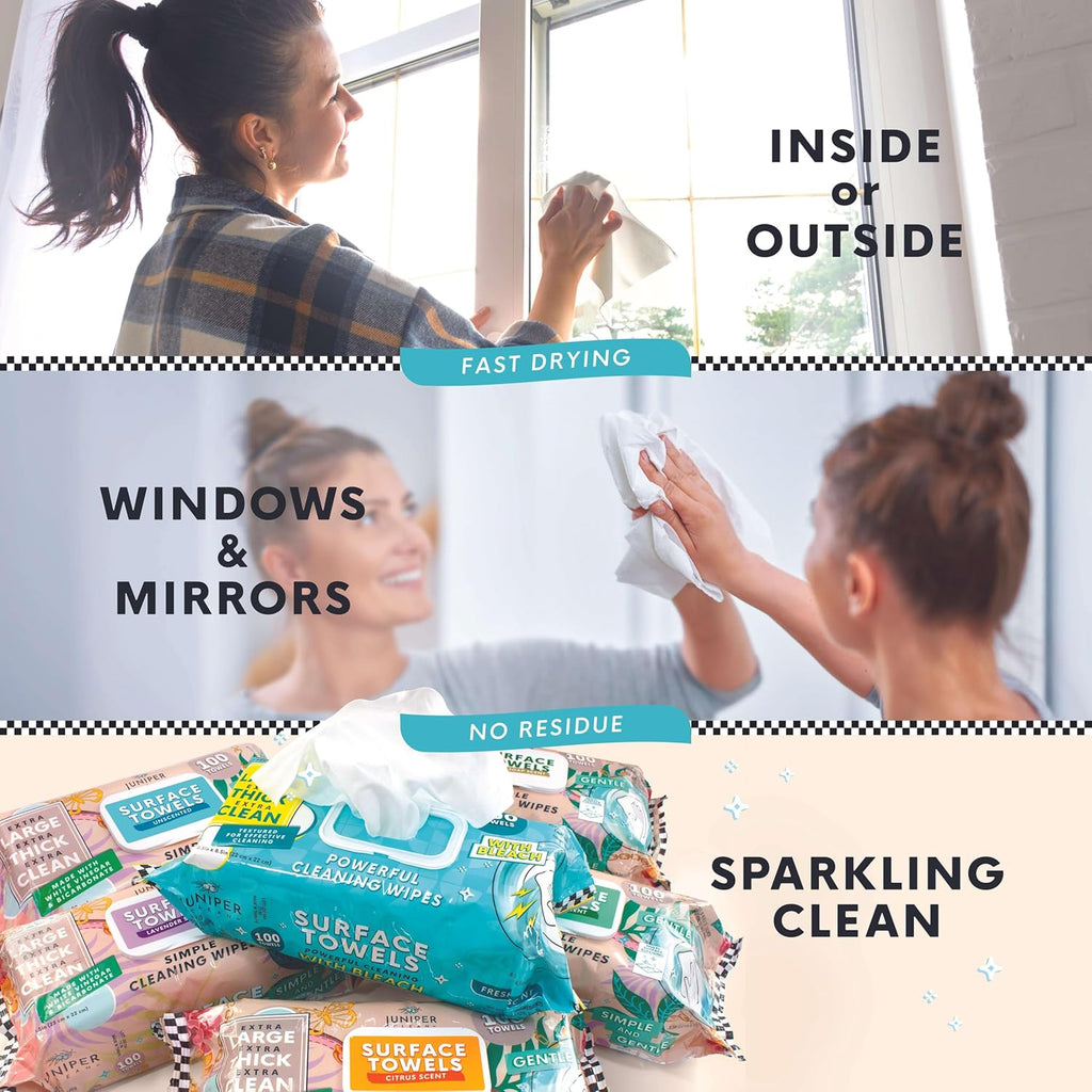 6 Packs Surface Cleaning Wipes Bleach Free, Thick & Large Dispose, All-Purpose Cleaner for Bathroom, Kitchen, Office, 600 Count Soft Flow, Biodegradable, Juniper Scent