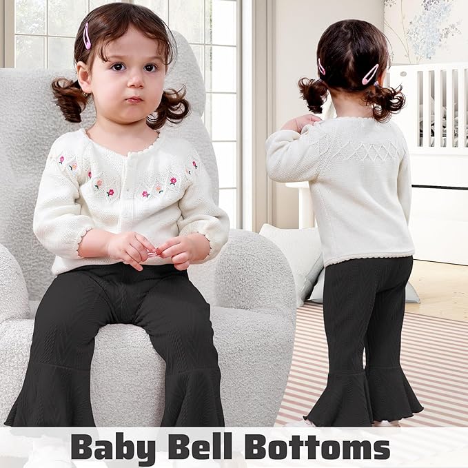 2 Pack Toddler Baby Girl Pants Flare Leggings Ribbed Knit Newborn Bell Bottoms Solid Ruffle Infant Pants for Girls