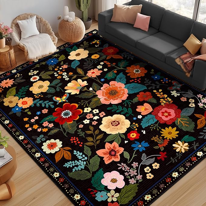 Floral 8x10 Area Rug Machine Washable Soft Print Boho Carpet Non Slip Doormat Low Pile Flower Area Rugs for Living Room Bedroom Nursery Kitchen Dining Room Indoor-Black