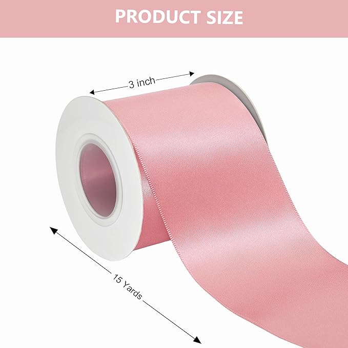 Pink Satin Ribbon 3 Inch X 15 Yards Solid Color Double Faced Ribbons Perfect for Crafts Wedding Decor Bow Making Arts Sewing and More