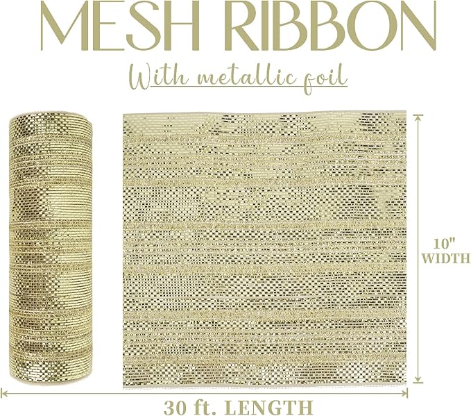 MEEDEE Champagne Deco Mesh 10 Inch Deluxe Wide Foil Metallic Mesh with Gold Tinsel Champagne Gold Mesh Ribbon for Christmas Tree, Wreaths, Garland, Gift Wrapping, Bows Making (30 Feet)
