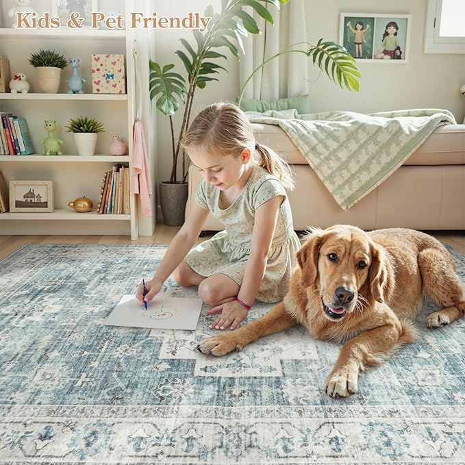 LIVEBOX Washable Rug 2x3 Kitchen Mats for Floor Entryway, Non Slip Front Door Mat for Bathroom Hallway, Boho Low-Pile Small Carpet Farmhouse Throw Indoor Rugs for Bath Sink, Blue