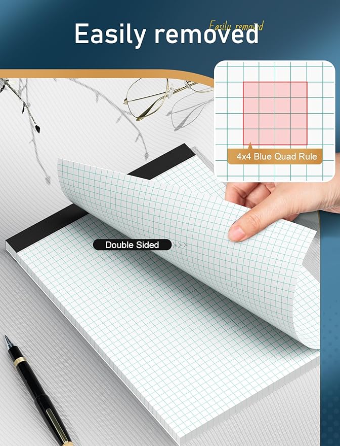 Graph Paper Pads 8.5 x 11, 8 Pack, 4x4 Quad Grid Paper Pad 8-1/2" x 11", White Quadrille Pad, Easy Tears Off Design, Grid Notebook 8-1/2 x 11, White 70 GSM Graft Paper, 30 Sheets/Pad