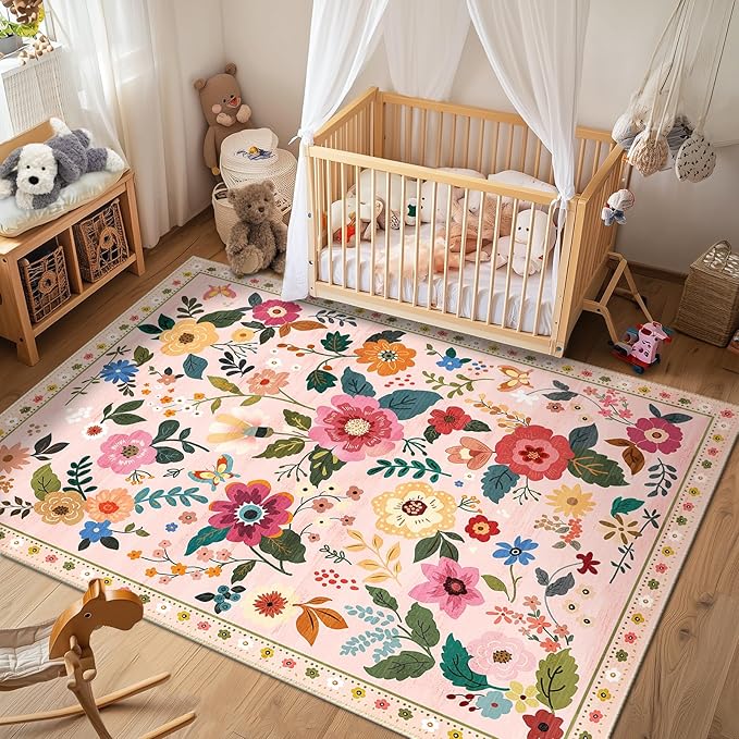 Floral 6x9 Area Rug Machine Washable Soft Print Boho Carpet Non Slip Doormat Low Pile Flower Area Rugs for Living Room Bedroom Nursery Kitchen Dining Room Indoor-Pink