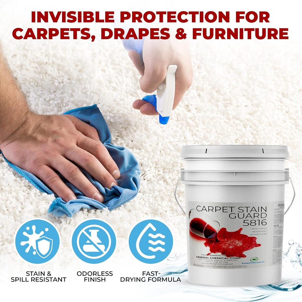 General Chemical Stain Shield Spray - Safe Fabric Protector Spritz and Stain Guard 5816 for Upholstery, Carpets, Rugs, Drapes & More - Impermeable Protectant Spray for Outdoor & Indoor Use - 5 Gallon