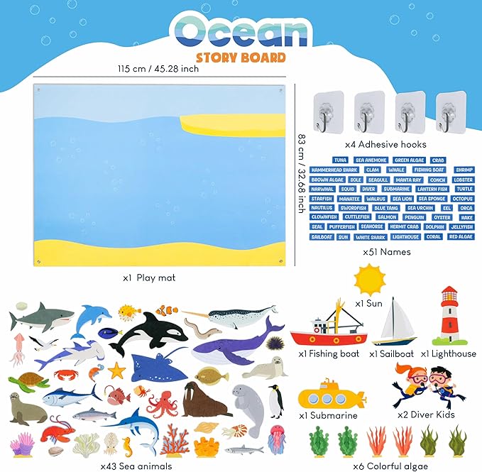 BONNYCO Felt Board for Toddlers with 107 Sea Animals Figures. Montessori and Sensory Toys, Birthday Gifts for Kids 3-8 Years Old. Educational Games, Learning Activities, Christmas