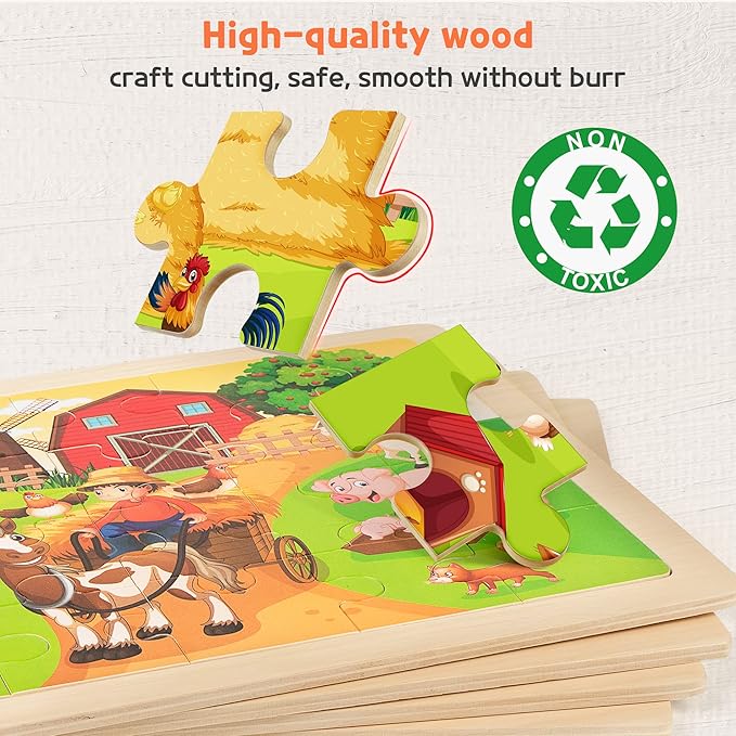 SYNARRY Large Animals Wooden Puzzles for Kids 4 in 1 Gift Box(12.2 * 9.4 in) - FSC Certified, Jigsaw Puzzles for Toddlers 3-5, Puzzles for Kids Ages 4-6, Wood Toys Gifts for 3 4 5 Year Old Boys Girls