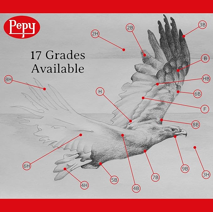 Pepy Graphite Professional Drawing Pencils - Set of 12 6H Pre-Sharpened Black Lead Pencils; Perfect for Drawing, Sketching and Shading, Graphic and Fine Art