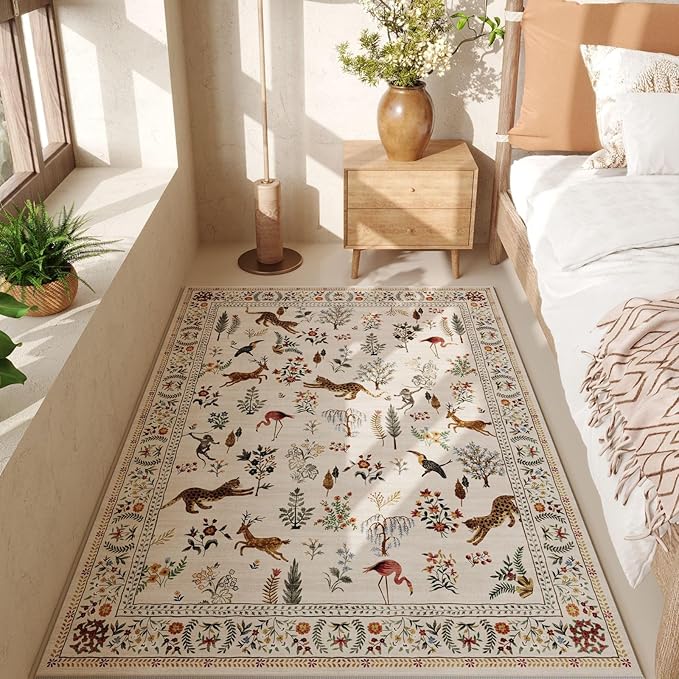 Rugcomf Bedroom Rug 3x5 Rug Washable Area Rug Non Slip Low Pile Boho Floral Animal Small Carpet for Bedroom, Bedside, Kitchen, Entryway, Kids Room, Office, College Dorm Essentials for Girls (Beige)