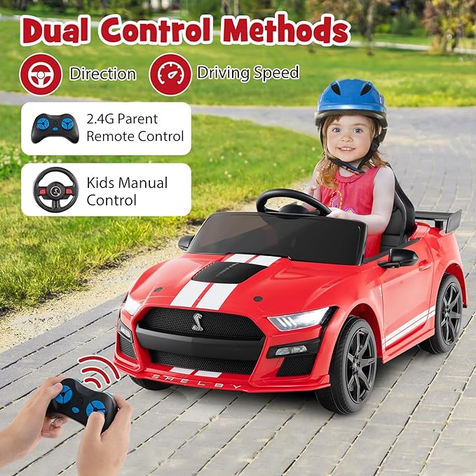 Costzon Ride on Car, 12V Licensed Ford Mustang Shelby GT500 Kids' Electric Vehicles w/Remote Control, USB Port, Radio, Music, Player, High Low Speed & Soft Start, Racing Kids Car for Toddlers (Red)
