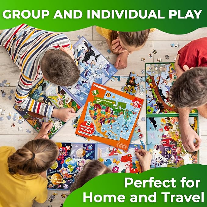 QUOKKA Magnetic Puzzles for Toddlers 4-6 - 2x48 Travel Puzzles Games for Kids Ages 3-5 - USA & World Maps Car Activities Toy for Boys and Girls - United States Learning Magnet for Road Trip
