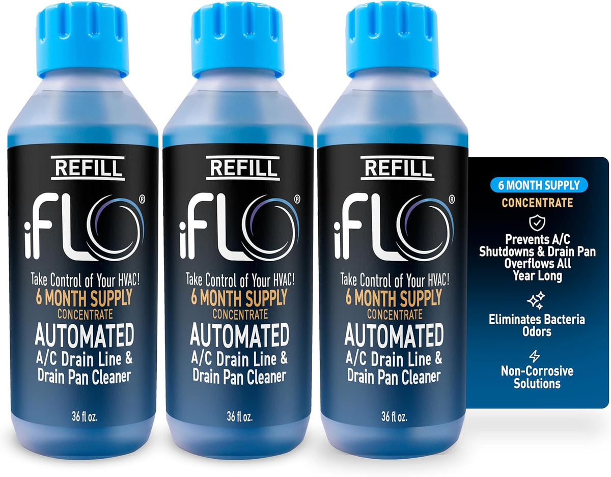 iFLO® Smart A/C Drain Line Cleaner and Drain Pan Cleaner Cartridge Concentrate, Fast-Acting, Long-Lasting HVAC System Solution for Tough Clogs & Buildup, 6-Month Supply per Bottle, 3 Pack of 36oz