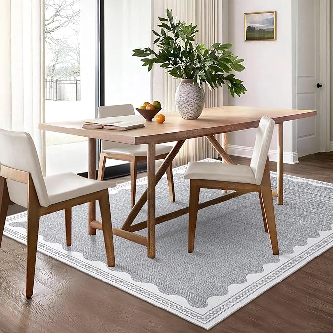 Scalloped Washable Rug 5x7 Area Rugs for Living Room, Solid Grey Rug for Bedroom Girls, Non Slip Scalloped Rug Throw Rugs with Rubber Back, Soft Dorm Nursery Low Pile Carpet for Dining Room