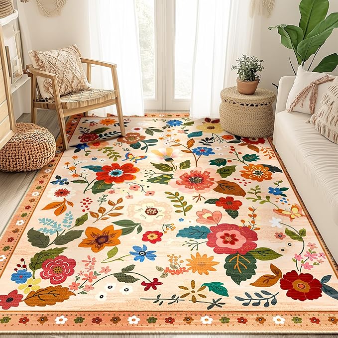Floral 5x7 Area Rug Machine Washable Soft Print Boho Carpet Non Slip Doormat Low Pile Flower Area Rugs for Living Room Bedroom Nursery Kitchen Dining Room Indoor-Light Orange