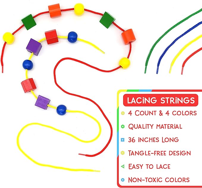 Wooden Lacing Beads for Toddlers 1-3 & 3-5 – 125 PCS with Storage Tub | Stringing Beads for Toddlers 1-3 & Fine Motor Skills Toy for Hand-Eye Coordination & Color Sorting