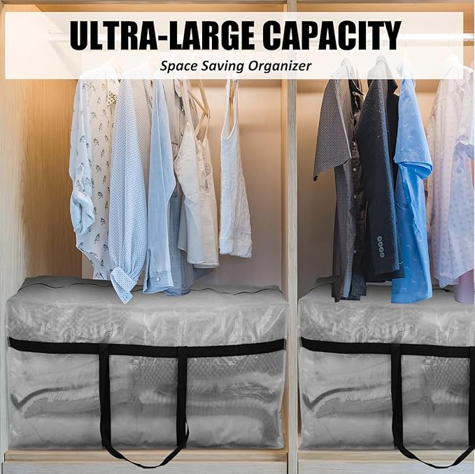 4 Pcs 66 Gallon Large Moving Bags with Zipper and Handles Foldable Storage Duffle Bags Heavy Duty Extra Large Totes for College Dorm Travel Clothes Blankets Bedding Moving (Clear)