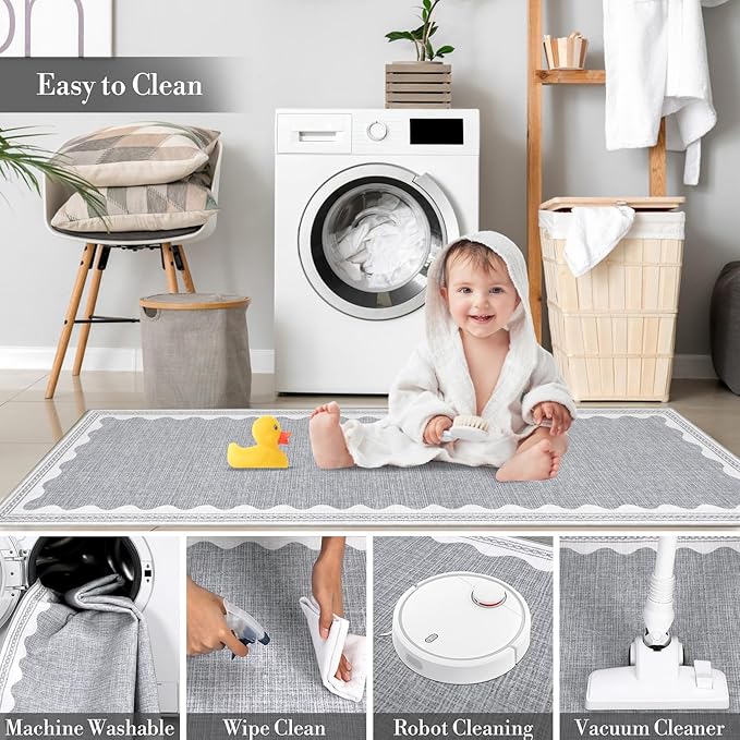 Scalloped Washable Rug 5x7 Area Rugs for Living Room, Solid Grey Rug for Bedroom Girls, Non Slip Scalloped Rug Throw Rugs with Rubber Back, Soft Dorm Nursery Low Pile Carpet for Dining Room