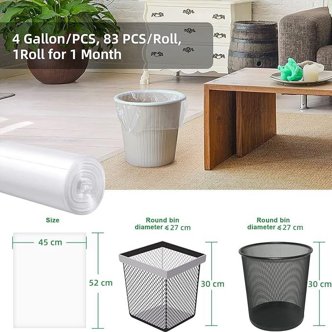 Small Trash Bags 80 Counts, Waikas Garbage Bags for Bathroom Car Mini Trash Can, Clear Plastic Bag for Bedroom Living Room, 4 Gallons, Clear