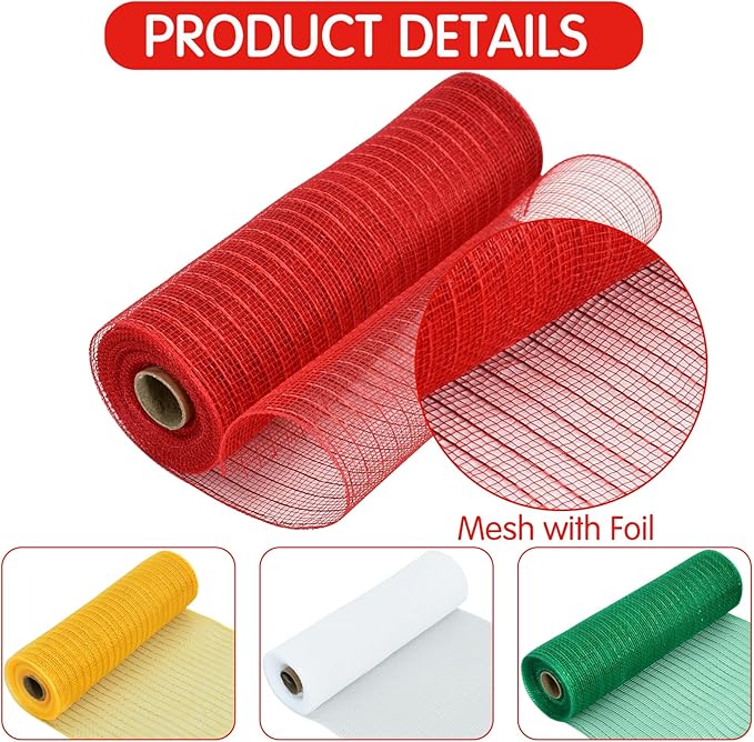 TONIFUL 4 Roll 10 Inch Red White Green Gold Decorative Mesh Ribbon Rolls, Fabric Mesh with Foil for Wreaths Front Door Decor Christmas Festival Party Accessories Party Decoration Supplies (10yds/roll