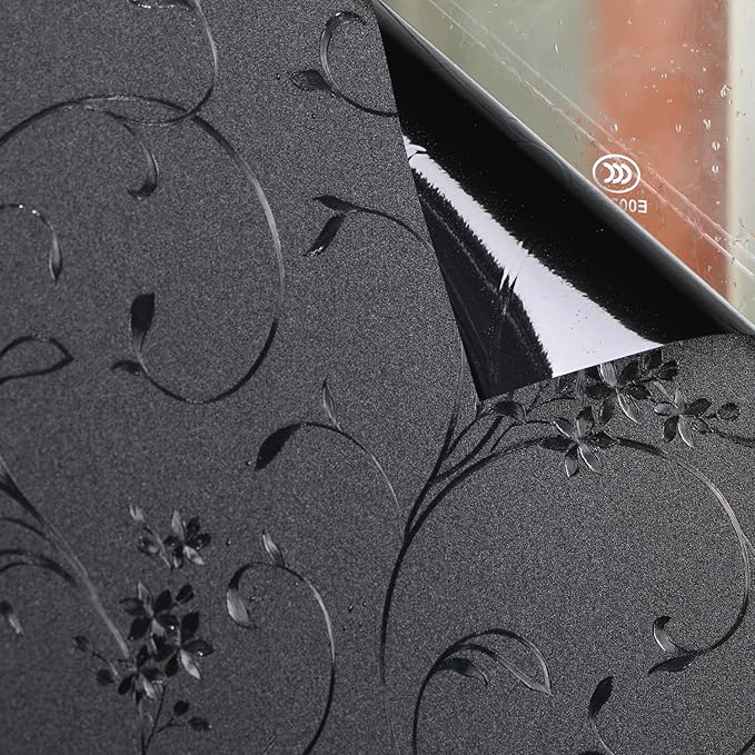 Mikomer Total Blackout Window Film,100% Light Blocking Privacy Glass Door Film Etched Flowers,Room Darkening Window Cling,No Glue/Heat Control/Anti UV for Day Sleep & High Privacy,23.6In. by 118In.