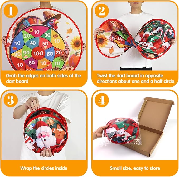 Thanksgiving Games: 29" Turkey Dart Board with PE Sticky Balls for Kids | Double-Sided Christmas Santa Toss Games for Family Party | Indoor & Outdoor Darts Set, 8 Polyethylene Balls & Darts