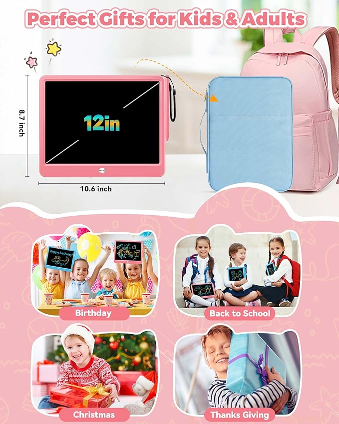 KOKODI 12 Inch LCD Writing Tablet with Anti-Lost Stylus, Erasable Doodle Board Colorful Toddler Drawing Pad, Car Travel School Games Toys for 3 4 5 6 7 8 Kids, Birthday Gift for Girls Boys Adults Pink