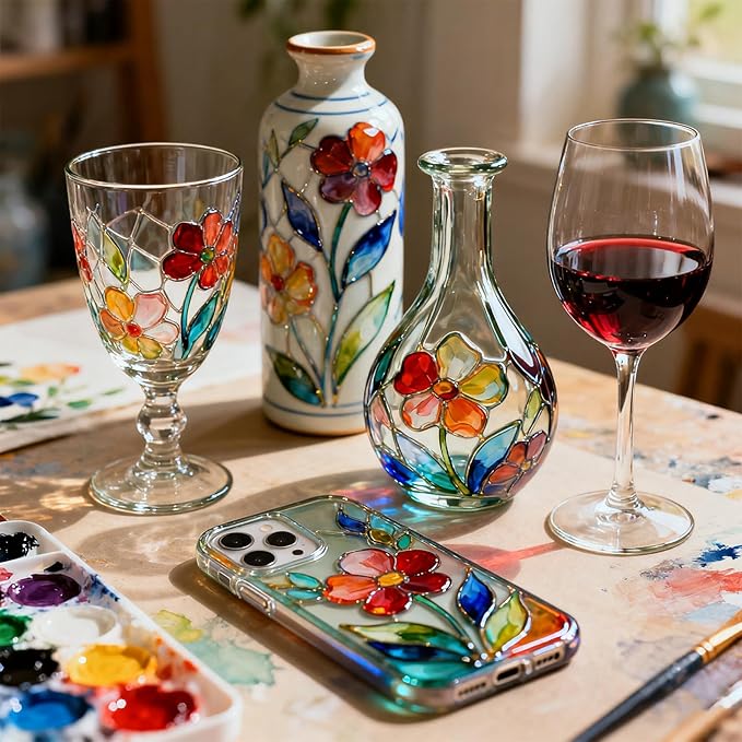 Magicdo Glass Paint Stained Transparent Glass Window Paint Set Great for Glass Painting, Wine Glasses, Light Bulbs, Ceramic, Non-Toxic, Waterproof, Halloween Art Decor(12 Colors x 12ml with Palette)