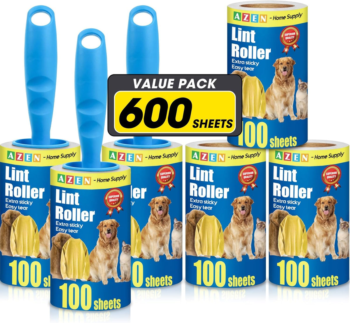 AZEN Lint Roller, Lint Rollers for Pet Hair Extra Sticky, 600 Sheets Lint Roller with 3 Upgraded Handles, 6 Roller Portable Lint Remover for Clothes, Pet Hair Remover, Lint Rollers for Clothes