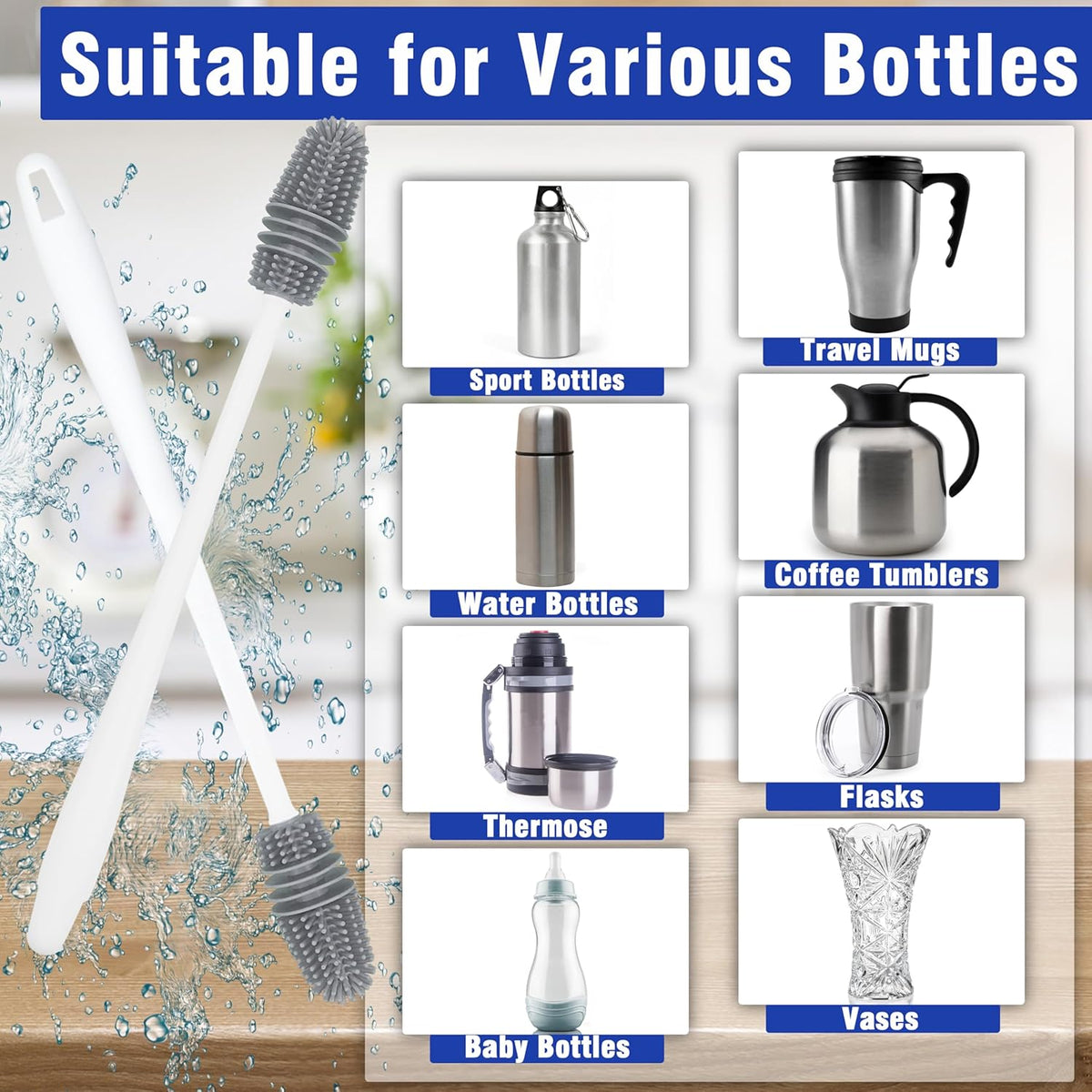 PHYEX 2 Packs Long Handle Bottle Brushes, Water Bottle Cleaner for Washing Narrow Neck/Mouth Bottle