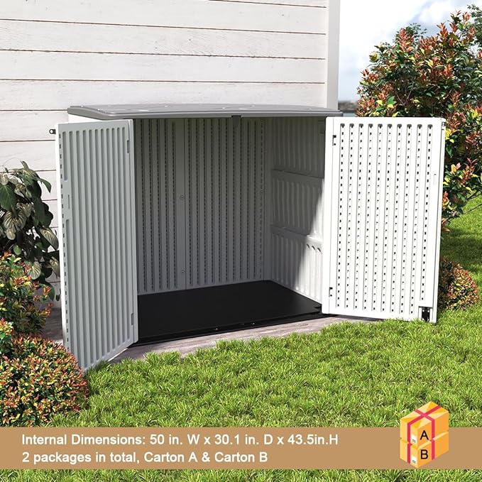 KINYING Larger Outdoor Storage Shed Weather Resistance, Horizontal Outdoor Storage Box Waterproof for Garden, Patios, Backyards, 48 Cu.ft Capacity for Garbage Cans, Lawn Mower, Garden Tools