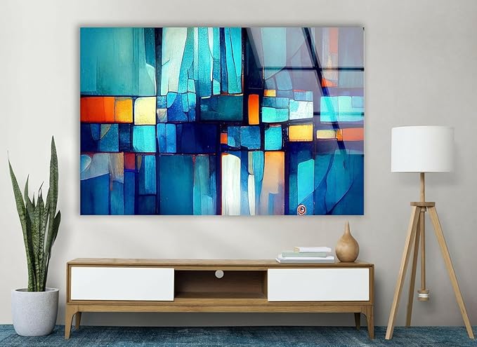 My Photostation.com 48Wx32H'' Blue Vibrant Stained Glass Wall ArtTempered Glass Printing Wall Decor Large Wall Art Wall Hangings