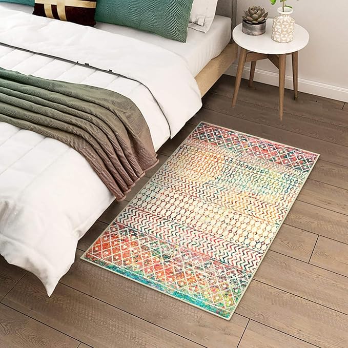 Moroccan Small Rug for Bedroom, 2x3 Colorful Rug Non-Slip Washable Indoor Door Mat, Soft Low-Pile Distressed Kitchen Mat Floor Carpets for Bedside Kitchen Entryway Bathroom