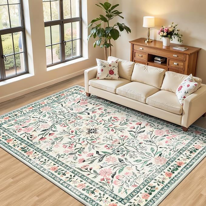 6x9 Area Rugs for Living Room: Floral Washable Rug Vintage Large Soft Boho Non-Slip Carpet Indoor Stain Resistant Thin Carpets for Bedroom Dining Room Farmhouse Nursery Hallway Home Office Green Beige