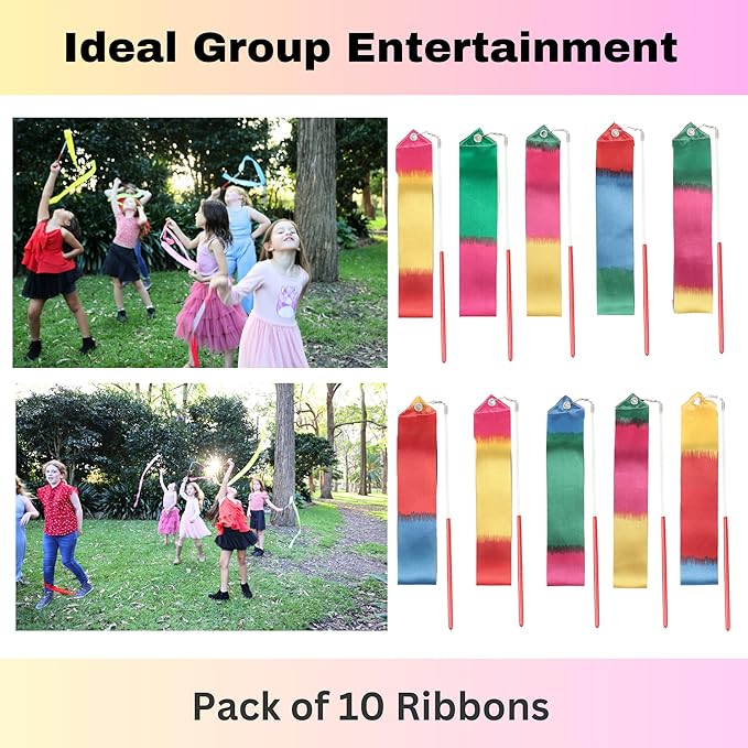 Dance Wands Ribbon Pack, Party Favors for Girls Goodie Bags, Outdoor Kids Rainbow Birthday Party Games, Gymnastics Gift Bags Steamers (multicolored ribbon with Red grip,10pcs set)