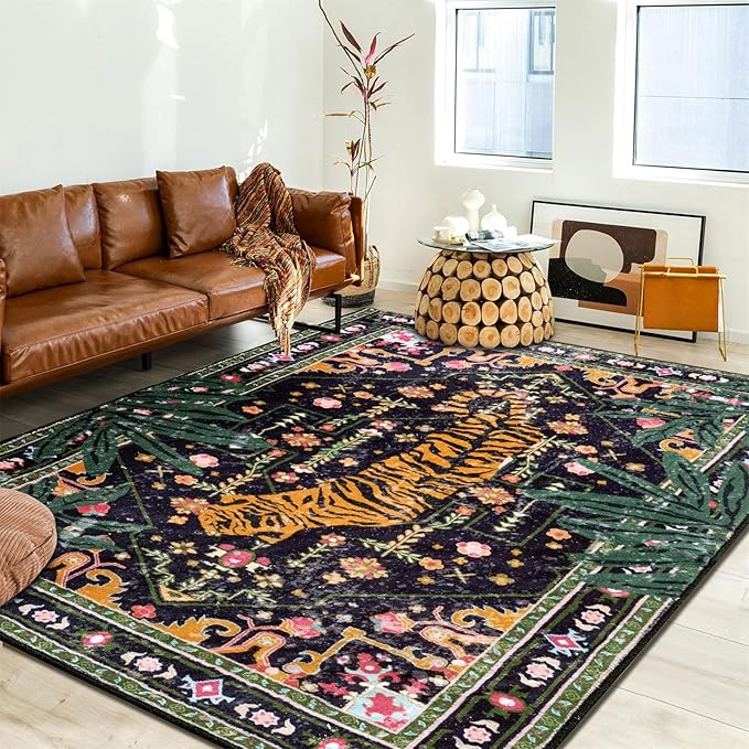 Oriental Tropical Washable Rugs, Stain Resistant Black Boho Vintage Hippie 6x9 Area Rugs for Dining Living Room Office Dorm Entryway, Abstract Botanical Tribal Indian Accent Bedroom Carpet