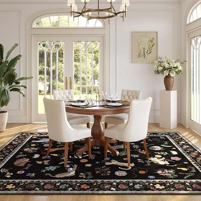 Rugcomf Living Room Rug 6x9 Rug Machine Washable Boho Area Rug Non Slip Floral Animal Cat Vintage Low Pile Large Rug for Living Room Bedroom Farmhouse Dining Room Kids Playroom, Black