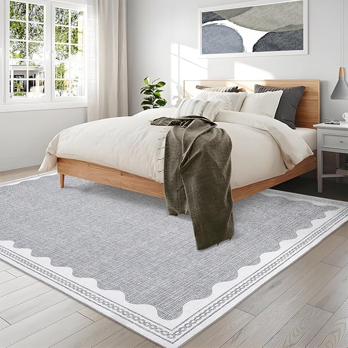 Scalloped Washable Rug 8x10 Area Rugs for Living Room, Solid Grey Rug for Bedroom Girls, Non Slip Throw Carpet with Rubber Back, Soft Dorm Nursery Scalloped 8x10 Rugs for Dining Room