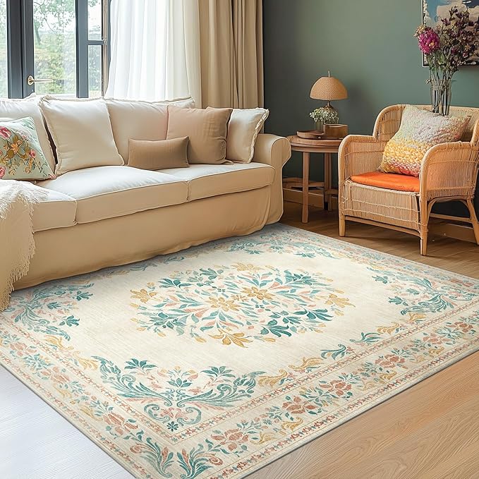 jinchan Floral 4x6 Area Rugs for Nursery - Machine Washable Vintage Distressed Design Soft Ultra-Thin Low-Pile Non-Slip Kids Carpet for Bedroom Living Room Dining Room Home Office (4x6ft,Apricot)