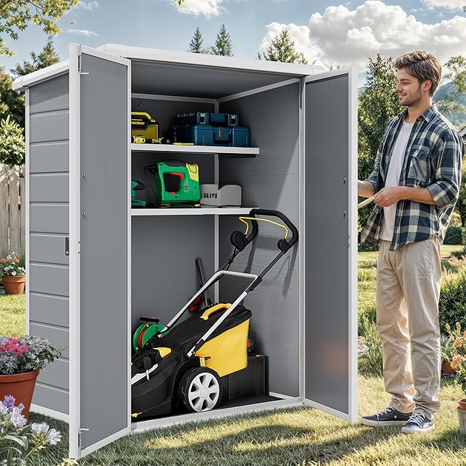 DWVO 60 Cuft Outdoor Tall Storage Shed with 2 Shelves, Weatherproof Vertical Tool Shed with Floor & Lockable Doors, Sturdy Double-Wall Plastic Cabinet for Garbage Cans and Garden Equipment (Gray)