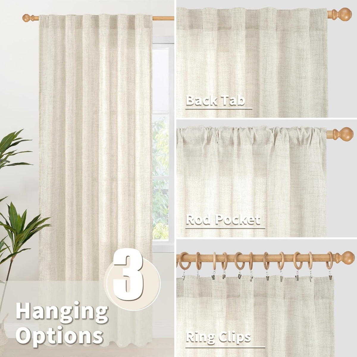 YoungsTex Linen Semi Sheer Curtains 84 Inch Length for Living Room 2 Panels Set - Boho Light Filtering Window Treatments Drapes with Rod Pocket Back Tab for Bedroom Dining, 52 X 84 Inch