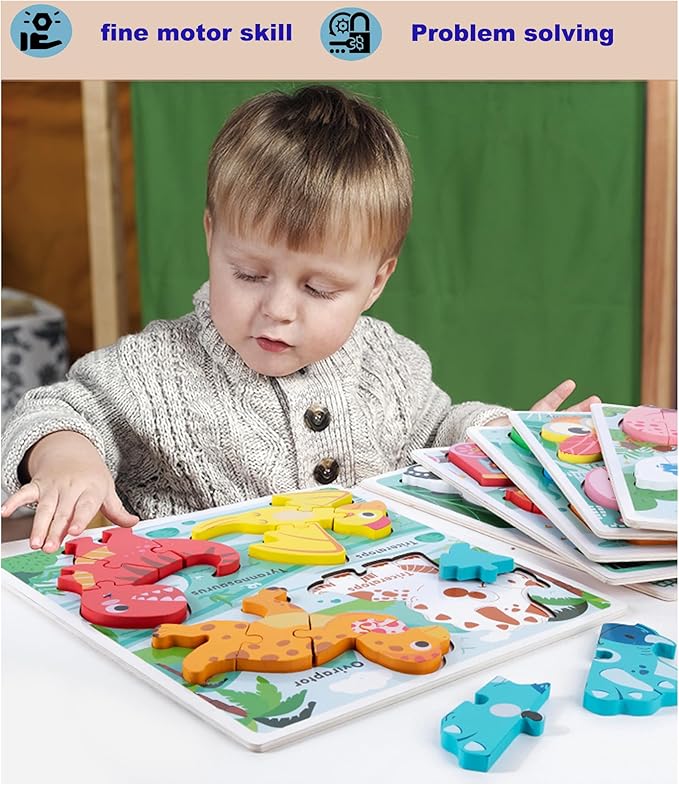 Wooden Jumbo Base Dinosaur Puzzle1-3, Dinosaurs Toys for 2 3 Years Old Boy Girls Kids,Toddler Toys Ages 2-4,Preschool Wood Dino Educational Gifts for Boys