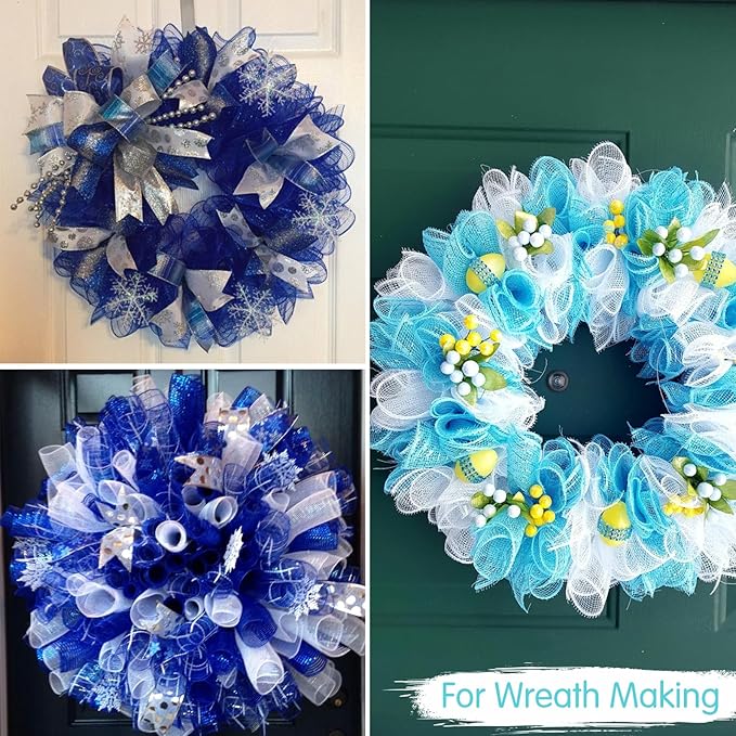 TONIFUL 4 Rolls 10 Inch Blue/Silve/White Decorative Mesh Ribbbon Rolls, for Wreath Supplies Front Door Wreath Craft Tree Decor Christmas NewYears Blue Decoration (30ft/roll, 120ft/Set)