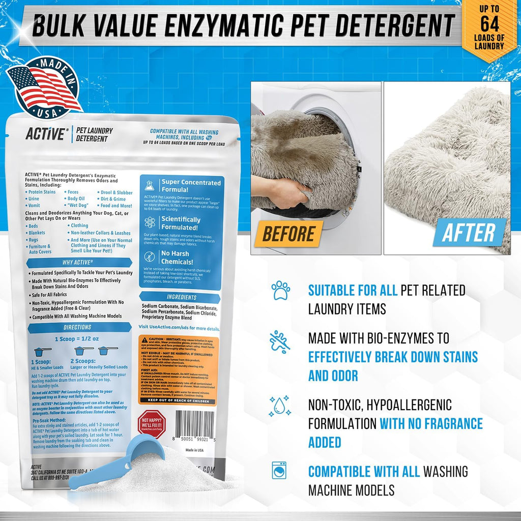 Pet Laundry Detergent Odor Remover - ACTIVE Enzyme Based Powder Detergent for Dogs Beds, Cat Pee, HE Washer Friendly Natural Enzymatic Deodorizer, Urine, Smell, Dog Drool, Stain Eliminator - 64 Loads