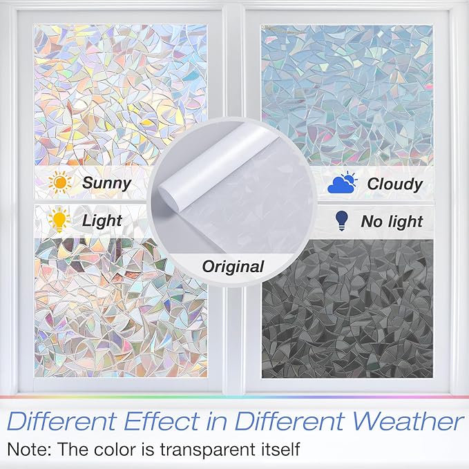 Homein Window Privacy Film, Rainbow Window Film Decorative 3D Window Clings Non Adhesive Window Tint for Home, Stained Glass Window Film for Glass, UV Blocking, 17.5 x 78.7 inches