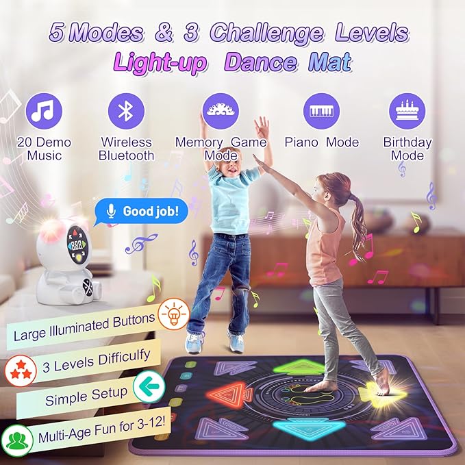 Dance Mat for Kids, Rechargeable Dance Mats for Girls and Boys, Light-up Dancing pad Game with Wireless Bluetooth, Christmas Birthday Gifts Ideas for 3 4 5 6 7 8 9 10 11 12 Year Old Kids