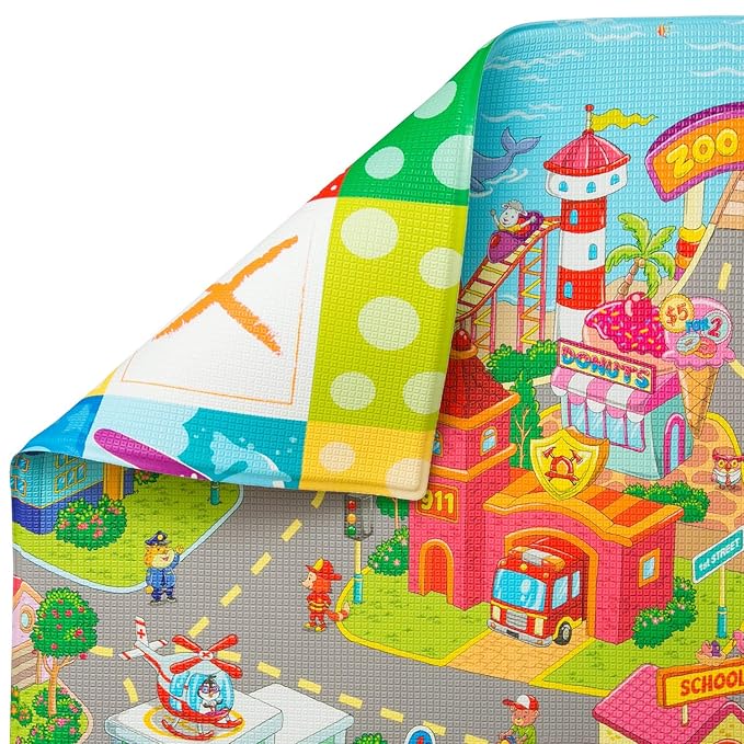 Baby Care Play Mat (Large, Playful - Zoo Town) 82'' x 55'' Original One-Piece Reversible Rollable Waterproof Play Mat for Infants, Babies, Toddler, and Kids