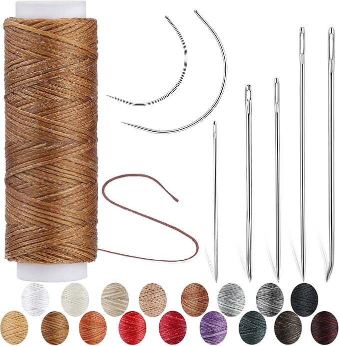 Ftyiwu Waxed Thread, Upholstery Needle and Thread 32 Yards with 7PCS Hand Sewing Needles for Home Upholstery Carpet Canvas Repair Leather Sewing (Medium Brown)