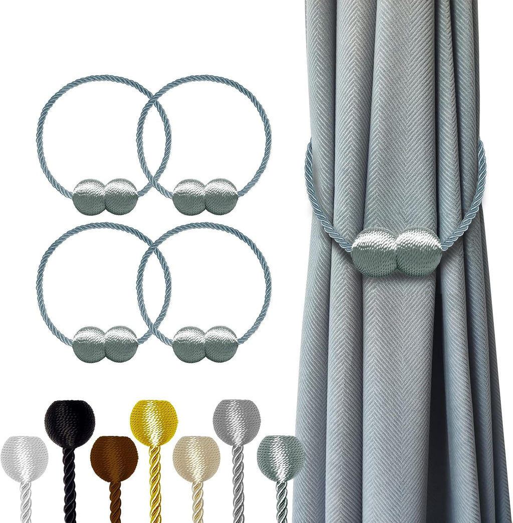 Hion Magnetic Curtain Tiebacks Gray Blue 4 Pack, Curtain Tiebacks Buckles Holdbacks Holders Hooks Clip for Home Bedroom Office Decorative Thick or Thin Curtain